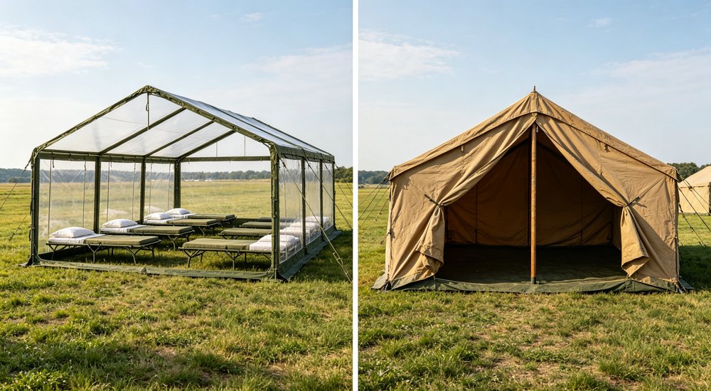 Split-view comparison of relief frame tent for hot and rainy climate - 32 Framevspole Clearcanvas Comparison - emergency shelter product photography in white green and beige relief tent colors