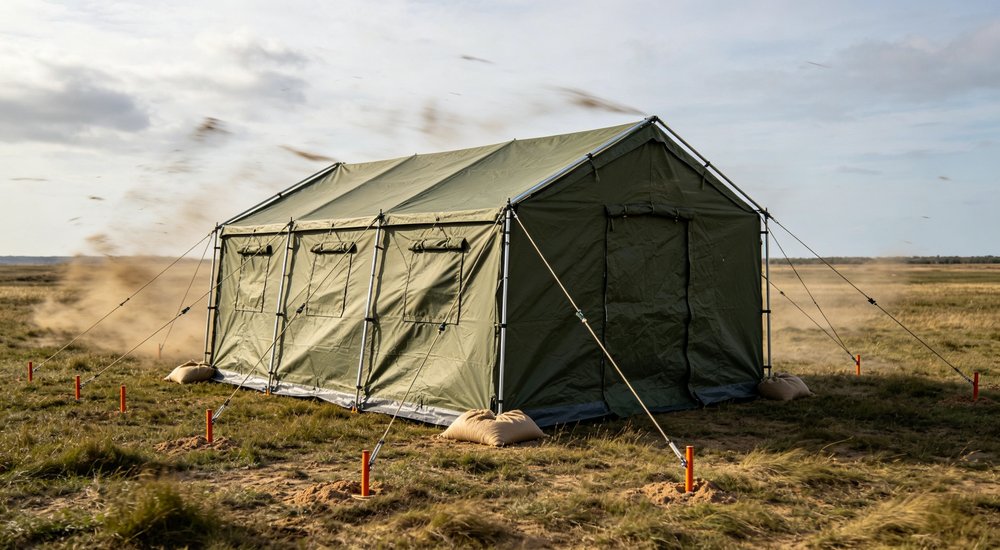 Open field wind test photograph of olive green relief tent under strong wind conditions, guy rope tension and frame stability visible showing wind load performance and storm resistance for exposed emergency camp locations