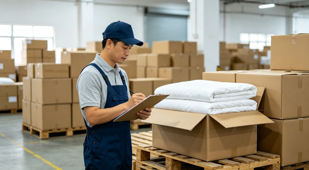 Warehouse inventory photograph of Chinese worker in blue uniform checking packing list on clipboard beside open carton with folded white bedding sets showing inventory verification