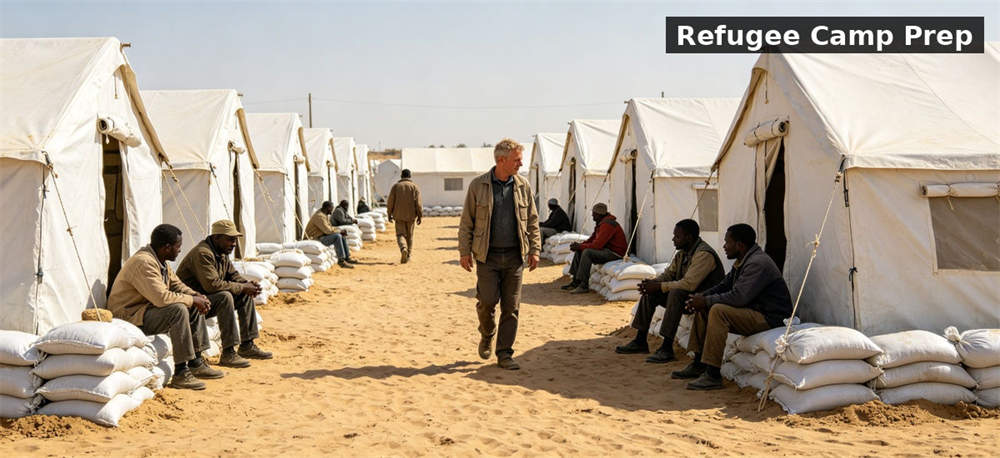Refugee camp tents sandbags flood protection for institutional procurement, inspection and supply planning