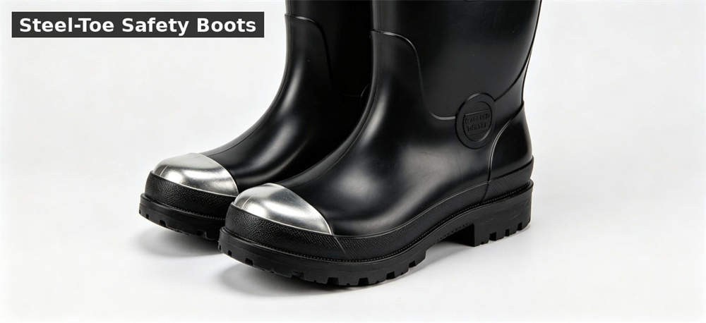 Rain boots black steel toe safety white bg for institutional procurement, inspection and supply planning