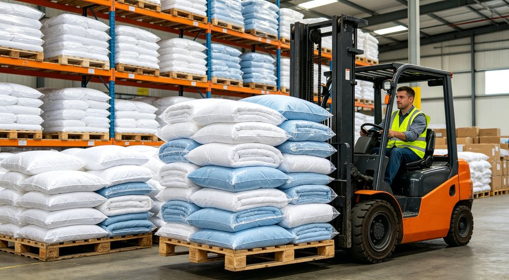 Wide-angle view of bulk institutional bedding delivery in warehouse with forklift loading pallets of blue and white bedding sets ready for emergency shelter shipment Wide-angle view of bulk institutional bedding delivery in warehouse with forklift loading pallets of blue and white bedding sets ready for emergency shelter shipment