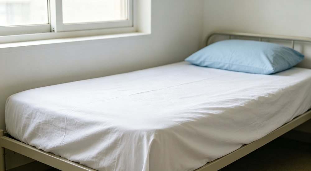 Close-up detail of white flat sheet neatly spread over thin mattress in emergency shelter showing simple bedding arrangement for high turnover temporary accommodation facilities