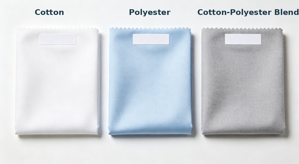 Material comparison of cotton polyester and polycotton blend fabric labeled showing composition difference for institutional bedding durability selection and cost effectiveness analysis Material comparison of cotton polyester and polycotton blend fabric labeled showing composition difference for institutional bedding durability selection and cost effectiveness analysis