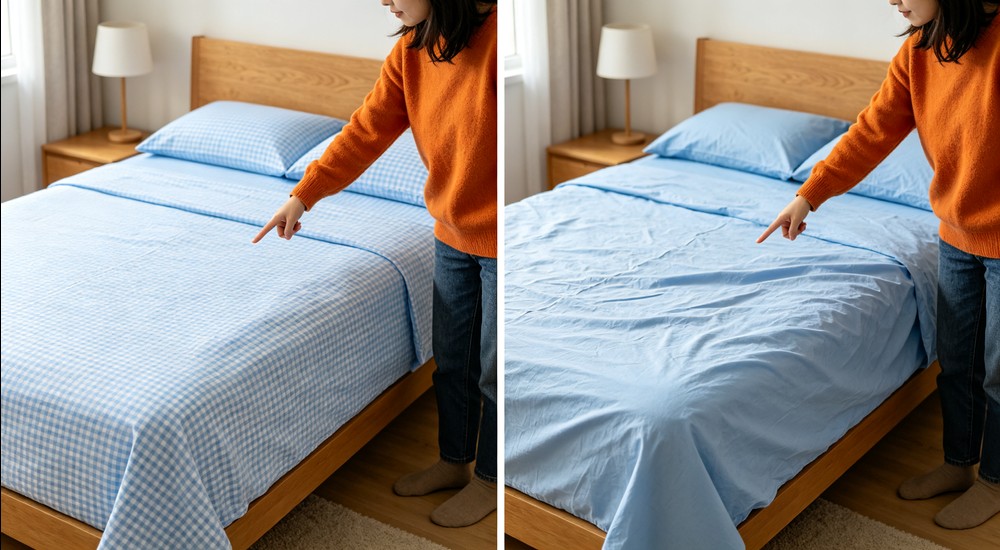 Split scene comparison of brand new crisp sky blue checkered sheet neatly covering bed versus same sheet after washing slightly shrunk and wrinkled, person pointing at difference, bright natural light