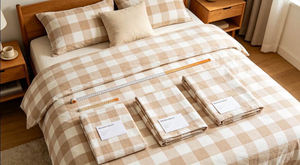 Overhead view of neatly made bed with beige and white checkered bedding, three-piece components laid out with measuring tape and dimension cards on each, bright bedroom styled lifestyle shot