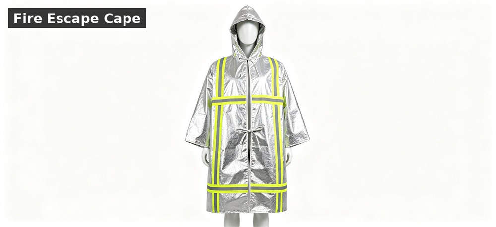 Fire escape cape displayed for smoke evacuation and protective planning for government stockpile, institutional supply and emergency Fire escape cape displayed for smoke evacuation and protective planning for government stockpile, institutional supply and emergency