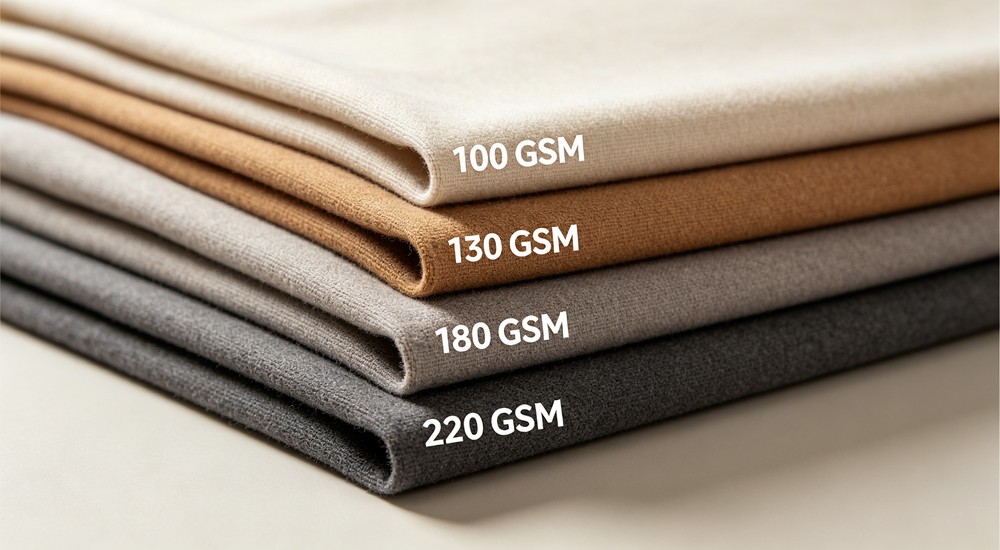 Flat lay five fabric swatches in different weights stacked and labeled 100 GSM 130 GSM 180 GSM 220 GSM showing thickness comparison