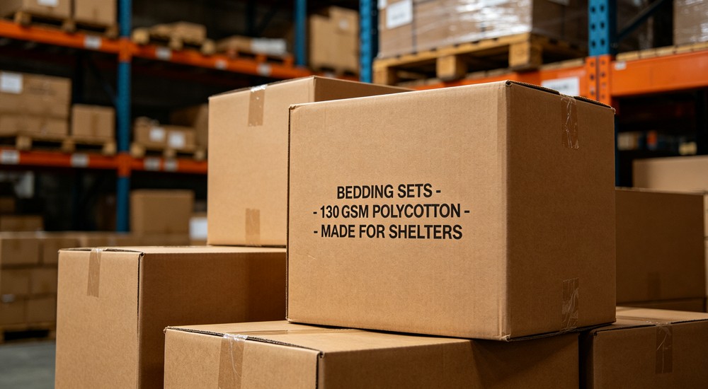 Aerial cardboard shipping boxes stacked in warehouse with printed text BEDDING SETS 130 GSM POLYCOTTON MADE FOR SHELTERS - suitable for institutional and emergency shelter procurement