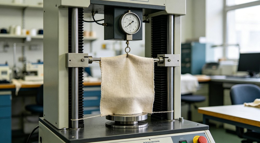 Wide-angle fabric tensile strength test machine stretching fabric sample with force gauge in professional textile quality lab - for shelter operators evaluating bedding durability and wash performance