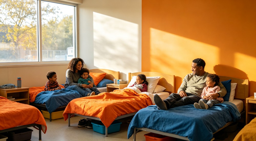Candid bright family emergency shelter room with parents and children on beds featuring warm colorful bedding near window - suitable for institutional and emergency shelter procurement