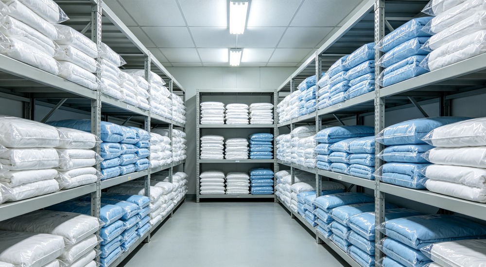 flat lay photograph of Asian workers packing folded institutional bedding into export cartons and applying shipping labels in packaging area
