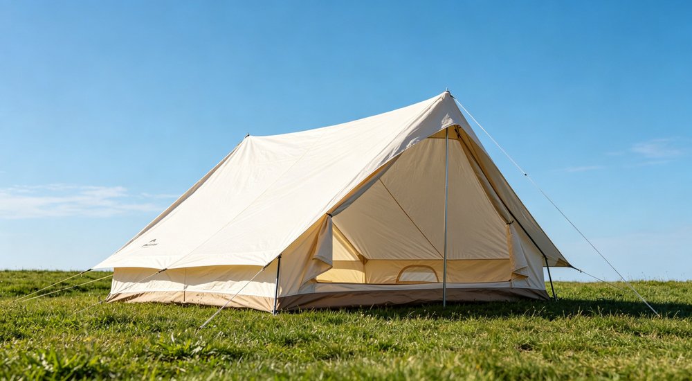 Closeup exterior detail showing reinforced corner seams heavy duty waterproof fabric texture and weatherproof construction of professional emergency relief shelter