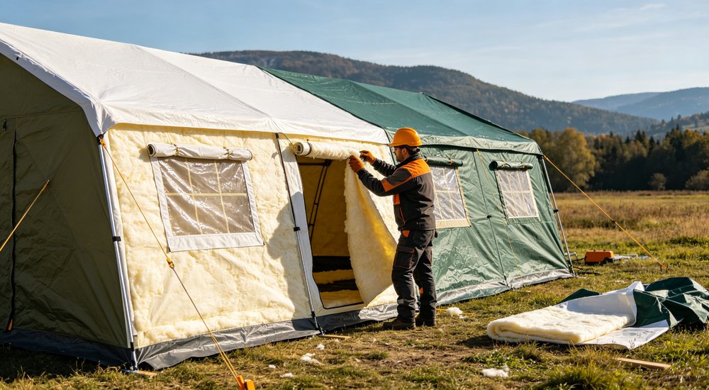 Humanitarian aid distribution area with emergency relief tents serving as collection points where relief workers provide food water and supplies to affected populations