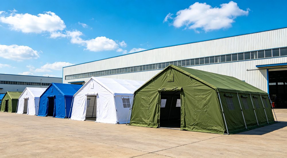 Humanitarian relief tent photographed at aid distribution camp providing reliable shelter with strong steel framework quality stitching and weather resistant fabric for disaster affected communities