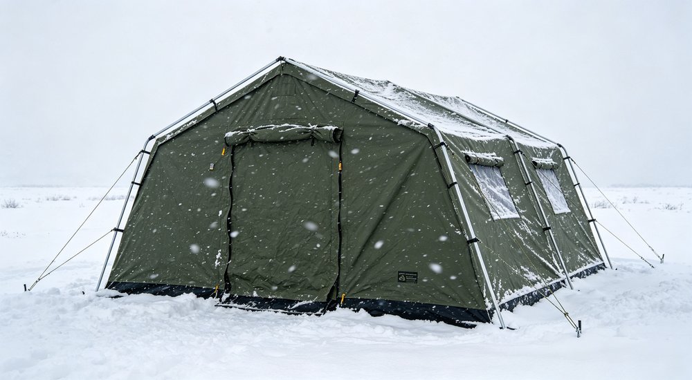 Field deployed emergency shelter showing robust frame construction waterproof material and practical design features meeting international standards for disaster response and refugee accommodation