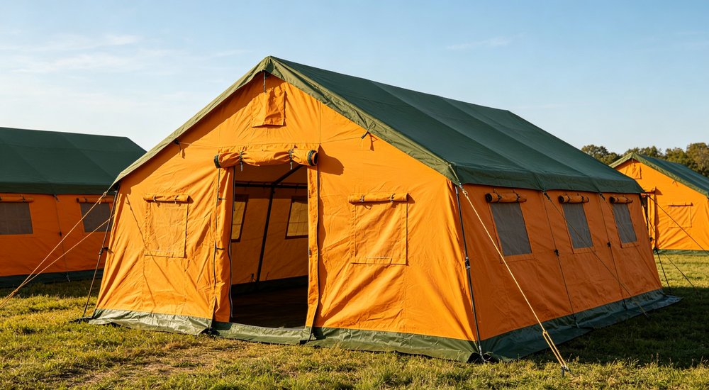 Large emergency shelter tent installed at disaster relief site providing weatherproof accommodation for affected populations with reinforced structure and quality materials visible