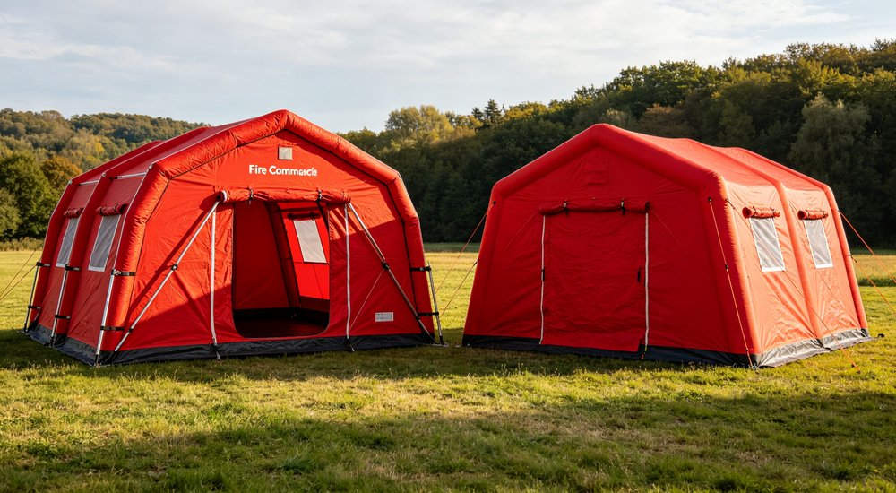 Forest fire command center with multiple red inflatable tents arranged in mountain area, fire vehicles and personnel, aerial view, professional B2B product photography