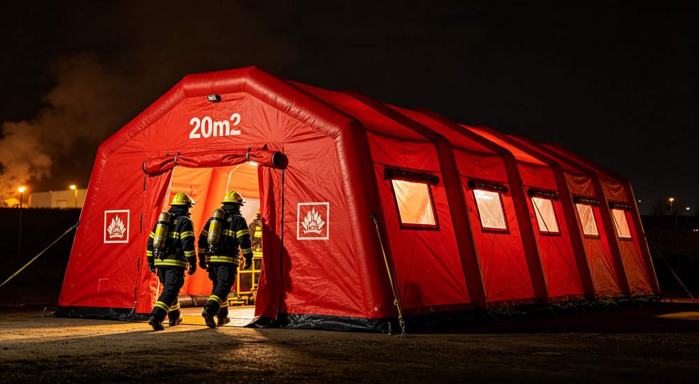 Factory production line workers manufacturing red fire rescue inflatable tents, high frequency welding machines in operation, industrial manufacturing environment, professional B2B photography