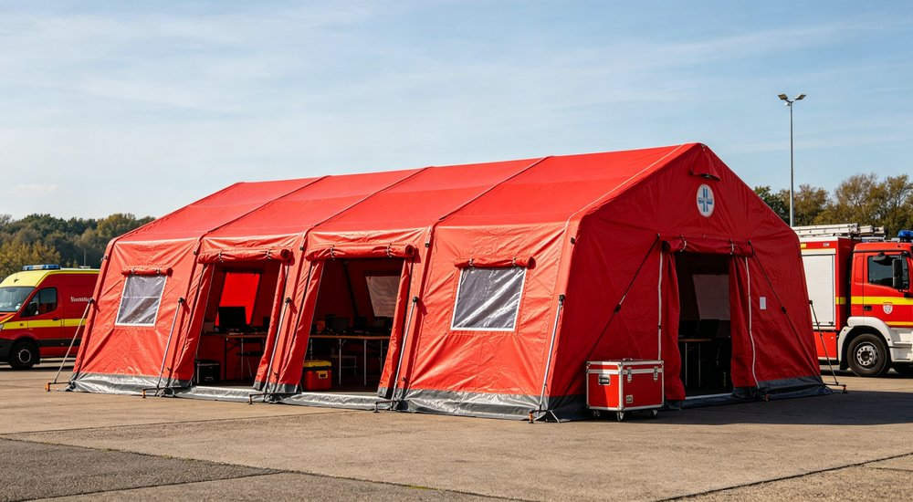 Quality control inspector testing fire rescue inflatable tent air pressure and structural integrity, factory inspection process with pressure gauge, professional industrial photography