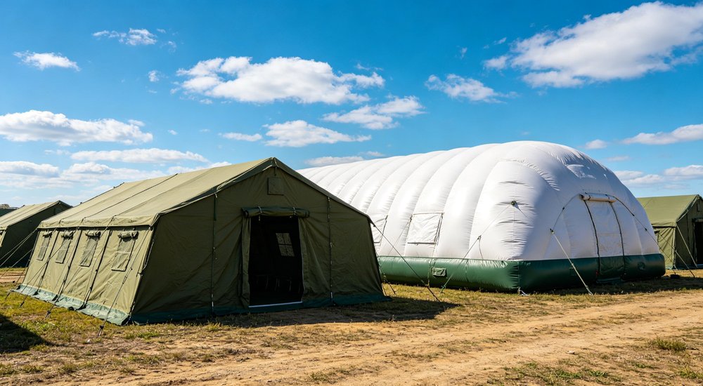 Field deployed emergency shelter showing robust frame construction waterproof material and practical design features meeting international standards for disaster response and refugee accommodation