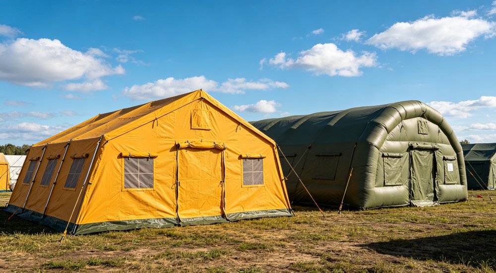 Humanitarian relief tent photographed at aid distribution camp providing reliable shelter with strong steel framework quality stitching and weather resistant fabric for disaster affected communities