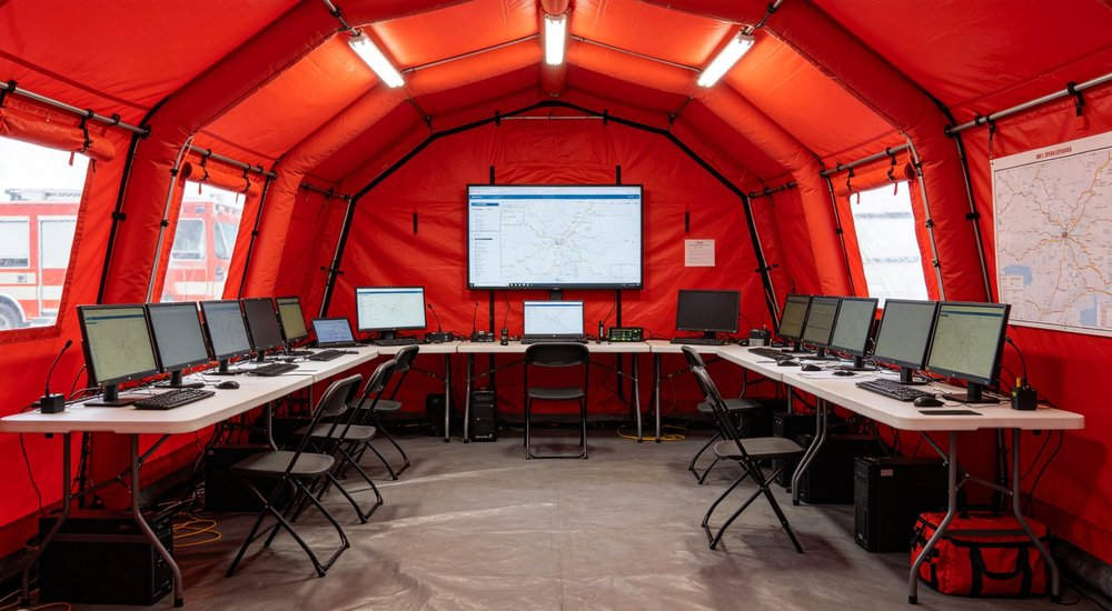 Shipping container fully loaded with packed fire rescue inflatable tents, sealed and ready for export delivery, port logistics scene, professional industrial photography