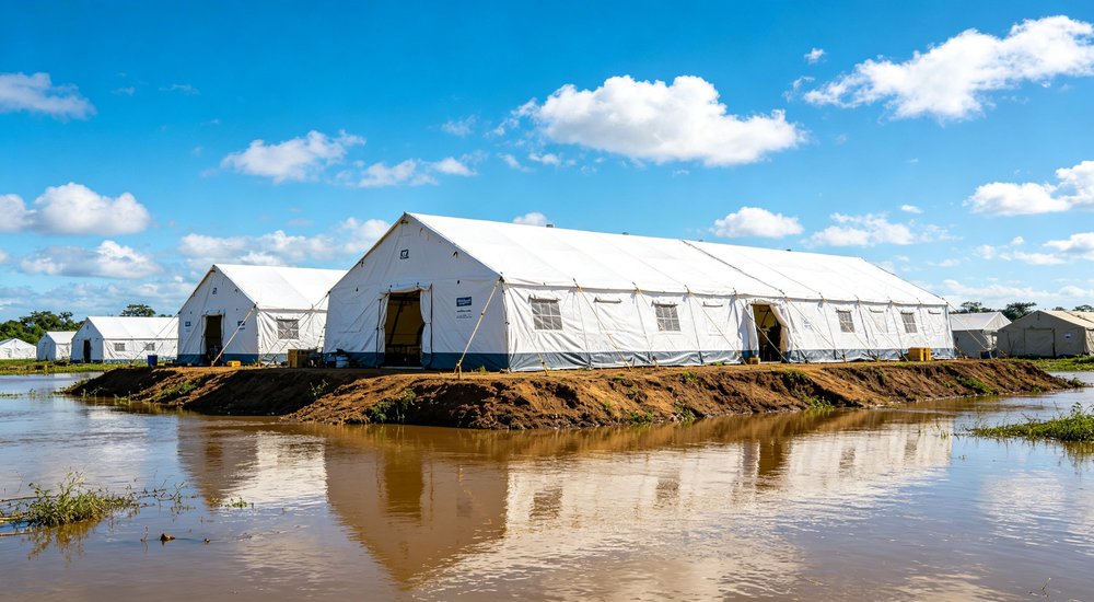 Field deployed emergency shelter showing robust frame construction waterproof material and practical design features meeting international standards for disaster response and refugee accommodation