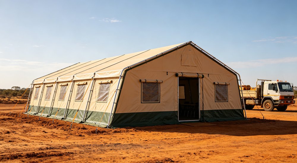 Professional emergency relief tent photographed in field deployment showing sturdy construction waterproof fabric and steel frame design suitable for disaster response and humanitarian aid operations