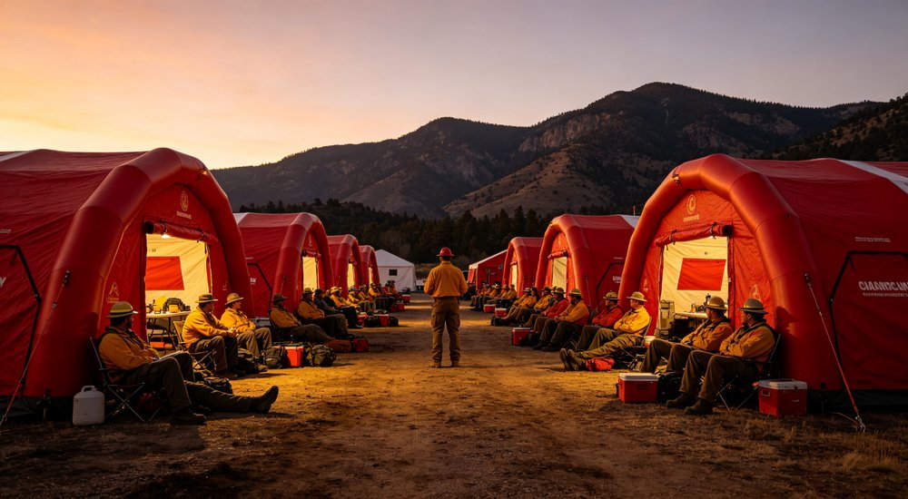 Reinforced red fire rescue inflatable tent with extra guy lines and ground anchors in high wind area, professional B2B photography
