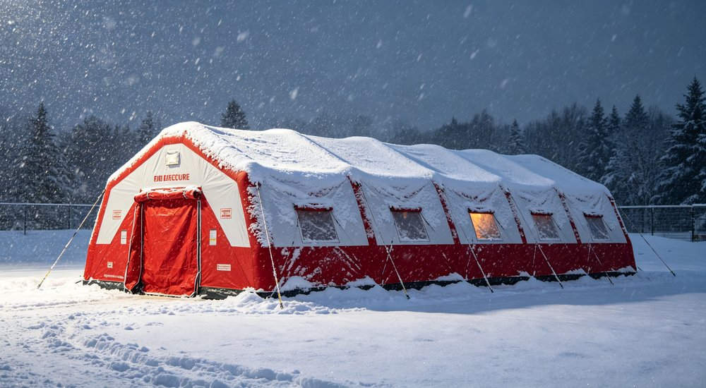 Procurement officer in uniform checking fire rescue tent specification documents at fire station, red tent in background, professional B2B photography