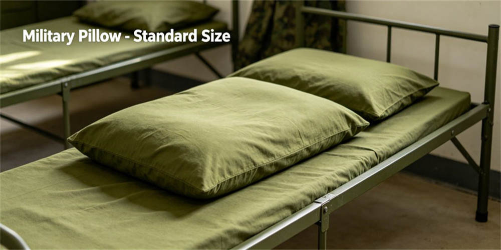 Olive green standard military pillow on metal cot, soft supportive military sleeping pillow product for troop accommodation