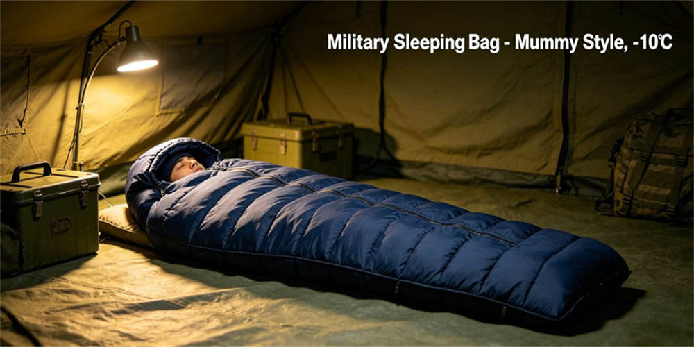 Navy blue mummy style military sleeping bag, cold resistant outdoor camping sleep gear for remote field camp rest