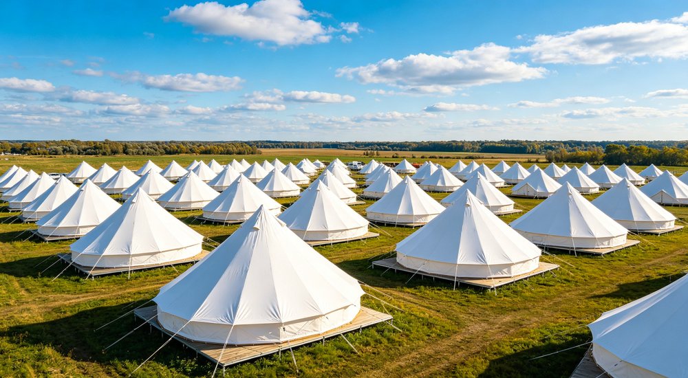 Emergency response tent captured during active deployment showing professional grade construction wind resistant frame and waterproof covering designed for long term use in challenging field conditions
