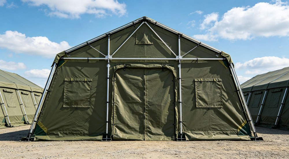 Front entrance view of a heavy duty emergency relief tent displaying the reinforced door frame sturdy zipper entrance and professional military grade construction quality