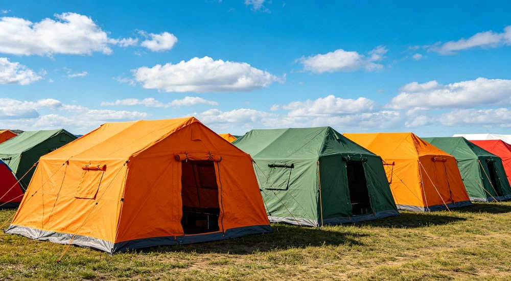 Well organized refugee camp with rows of emergency shelter tents providing dignified long term accommodation for displaced persons under international humanitarian protection standards