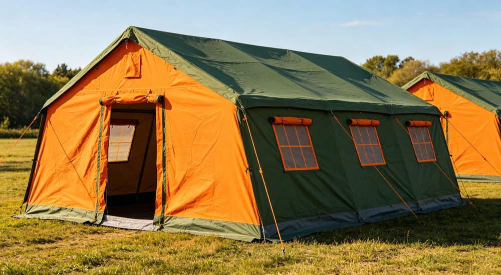 Large emergency shelter tent installed at disaster relief site providing weatherproof accommodation for affected populations with reinforced structure and quality materials visible