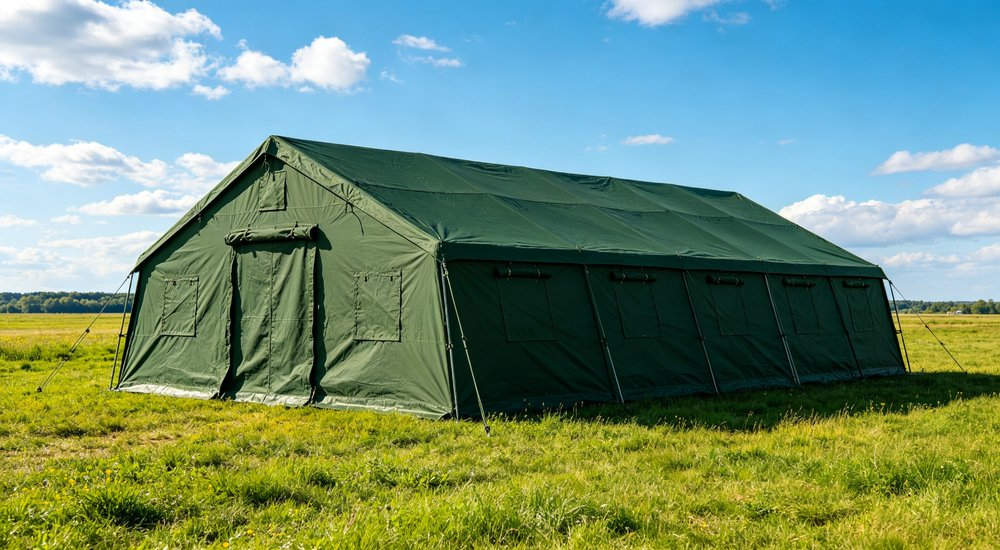 Heavy duty emergency frame tent displayed in operational setting demonstrating quick setup capability durable canvas exterior and spacious interior capacity for humanitarian relief missions