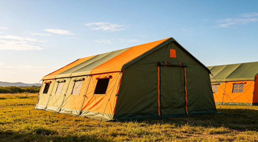 Professional emergency relief tent photographed in field deployment showing sturdy construction waterproof fabric and steel frame design suitable for disaster response and humanitarian aid operations