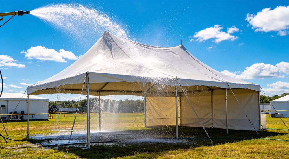 Emergency response tent captured during active deployment showing professional grade construction wind resistant frame and waterproof covering designed for long term use in challenging field conditions