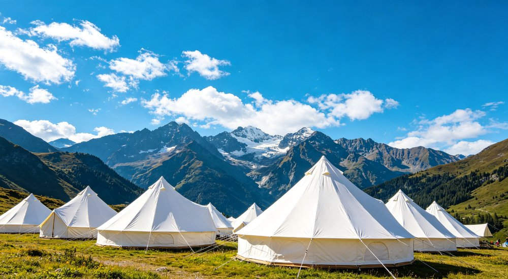 Professional emergency relief tent photographed in field deployment showing sturdy construction waterproof fabric and steel frame design suitable for disaster response and humanitarian aid operations