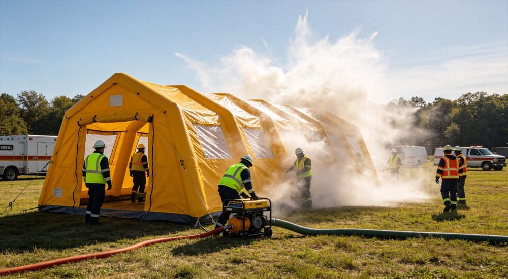Wide angle shot of decontamination tent being rapidly inflated by electric pump with emergency workers in safety vests at outdoor field during timelapse action