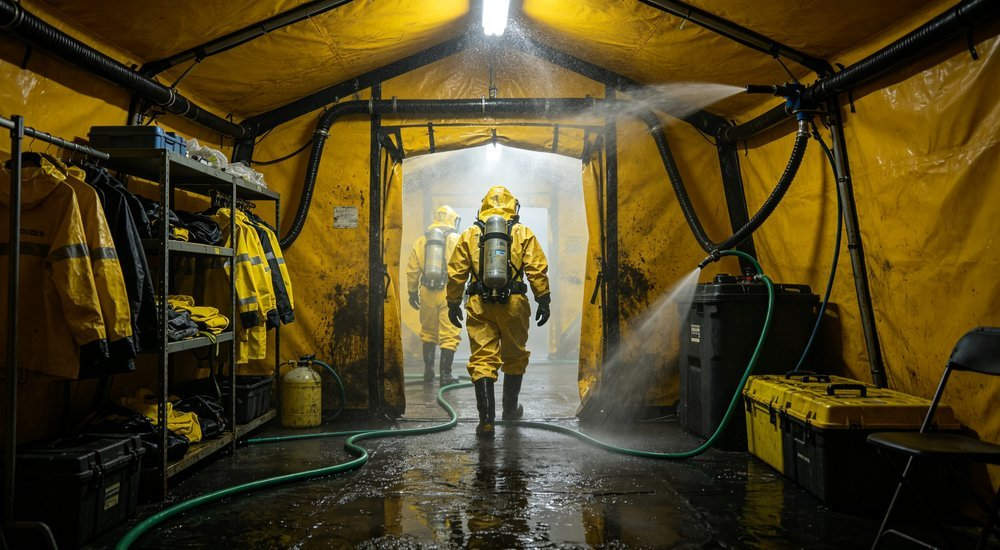 Interior view of decontamination tent showing dirty zone with spray system and protective gear storage with workers in hazmat suits entering in yellow black scheme