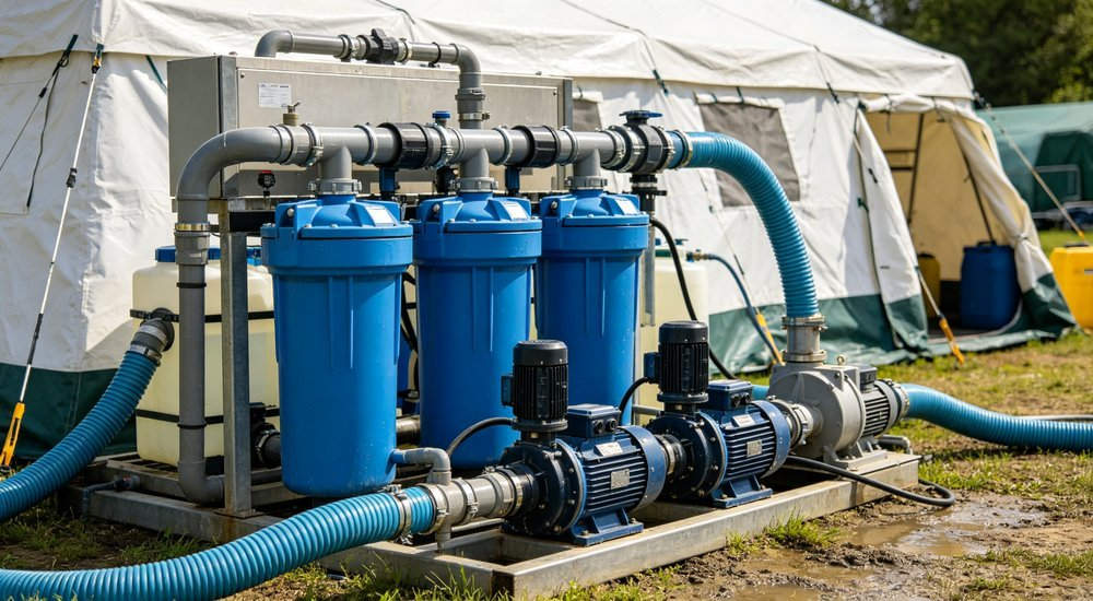 Closeup of wastewater filtration system connected to decontamination tent with blue filter housings and pumps and chemical treatment equipment outdoors