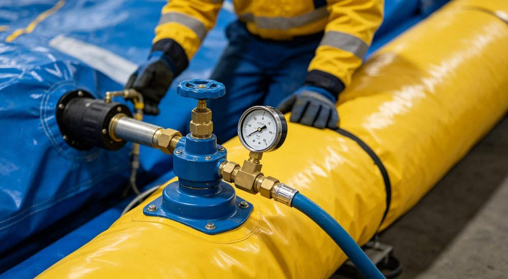 Closeup of inflatable air beam valve and pressure gauge on decontamination tent with worker checking pressure in yellow and blue equipment