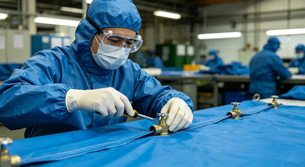 Closeup of quality control inspector checking decontamination tent seams and valves at factory workshop with inspection tools and blue fabric