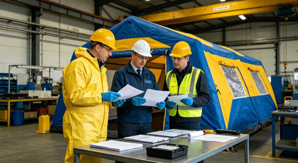 Wide angle shot of factory quality control team reviewing decontamination tent test reports and certification documents with blue yellow tent in background Wide angle shot of factory quality control team reviewing decontamination tent test reports and certification documents with blue yellow tent in background