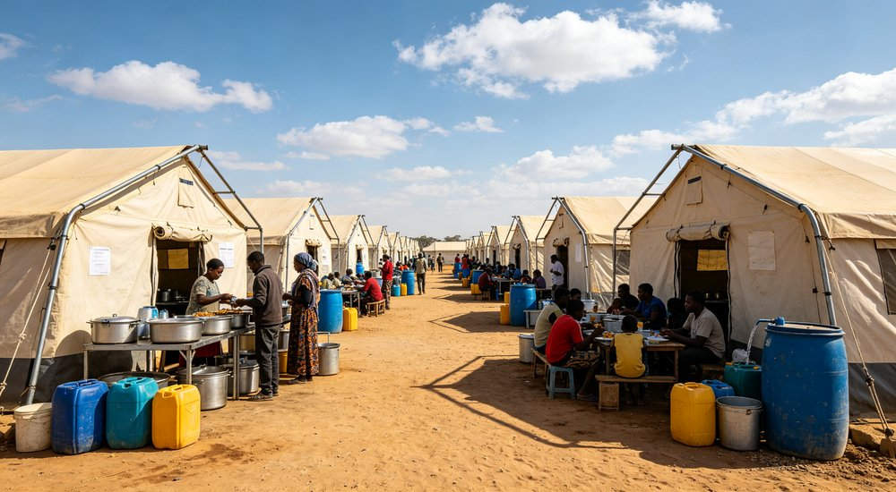 Wide panoramic view of a large humanitarian relief camp with dozens of emergency tents organized in neat rows demonstrating scale of disaster response operations