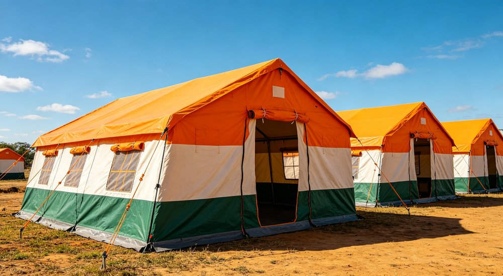 Large emergency shelter tent installed at disaster relief site providing weatherproof accommodation for affected populations with reinforced structure and quality materials visible