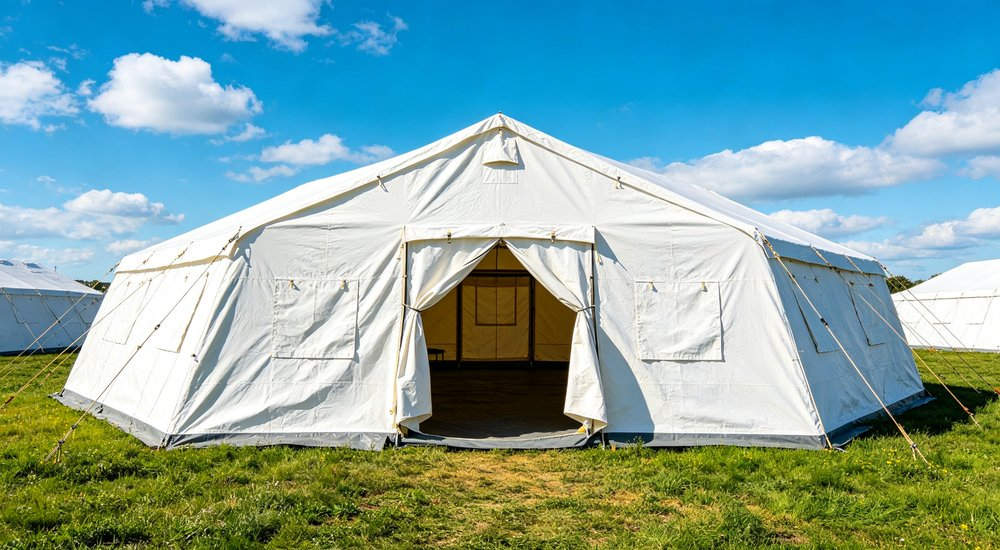 Field deployed emergency shelter showing robust frame construction waterproof material and practical design features meeting international standards for disaster response and refugee accommodation
